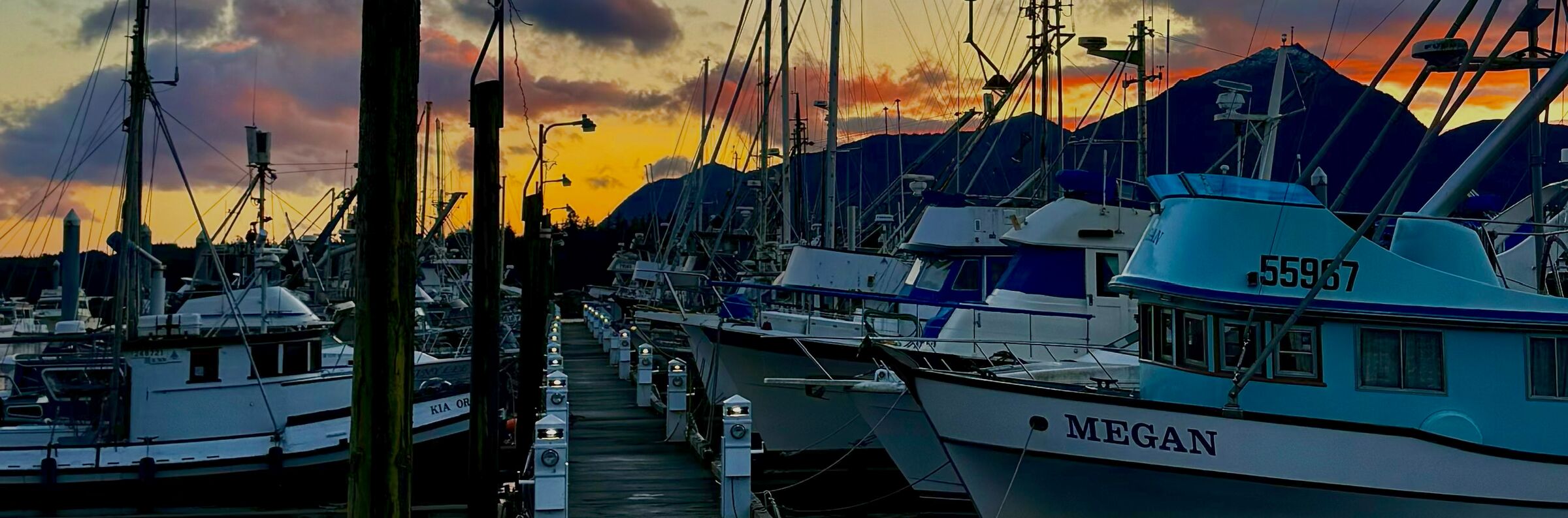 Lit shore power pedestals along a float at Bar Harbor South in Ketchikan at sunset